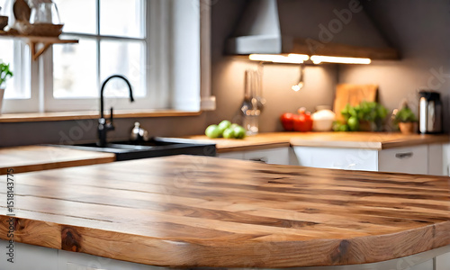 Beautiful natural wood table on blurred background kitchen. Wooden table on blurred background of kitchen interior and workplace. Empty wood table top and blur kitchen interior background