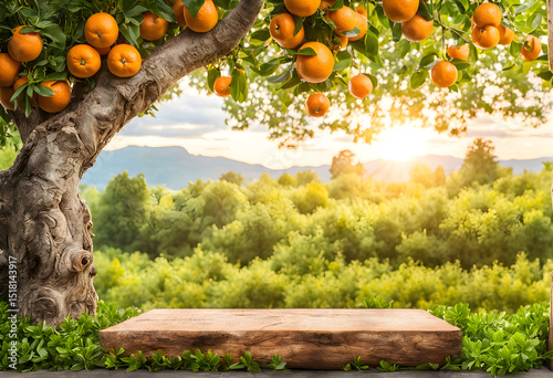 Wooden podium for product presentation in nature. Selective focus on wooden podium top on tangerine tree background. Wooden podium for products in orange orchard.