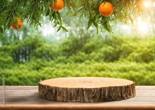 Wooden podium for product presentation in nature. Selective focus on wooden podium top on tangerine tree background. Wooden podium for products in orange orchard.
