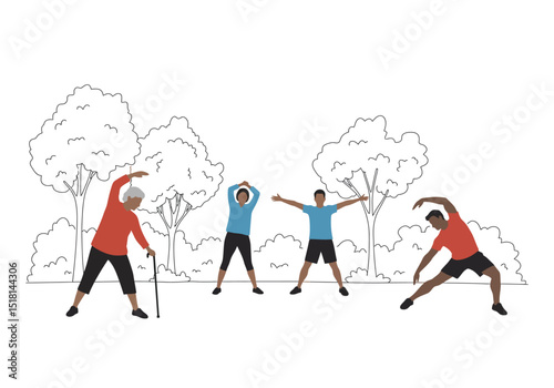 Diverse Group of People Enjoying Outdoor Fitness and Stretching Exercises in a Park