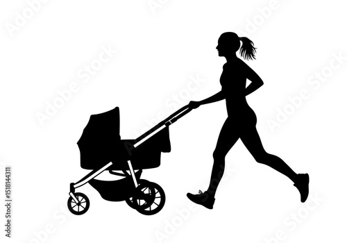 Silhouette of a Mother Jogging with Baby Stroller Fitness, Mom Life, and Active Lifestyle