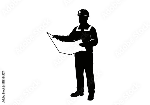 Engineer Reviewing Blueprint Construction Site Planning Silhouette