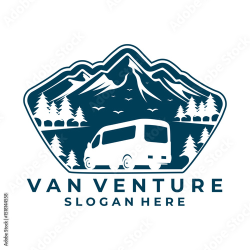 Adventure symbol badge logo design vector template. Van Car with Mountain view logo design vector