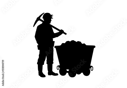 Silhouette of a Miner with Pickaxe and Ore Cart