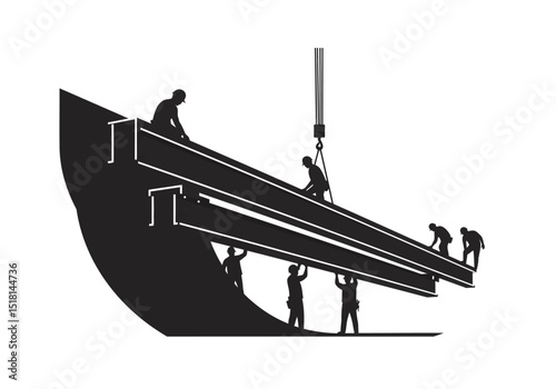 Construction Workers Lifting Heavy Steel Beams Industrial Illustration
