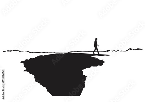 Solitary Figure Walking on a Narrow Path Over a Dark Abyss
