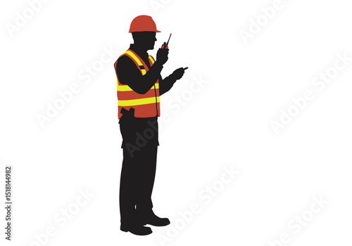 Construction Worker Silhouette Safety Vest, Hard Hat, Radio Communication