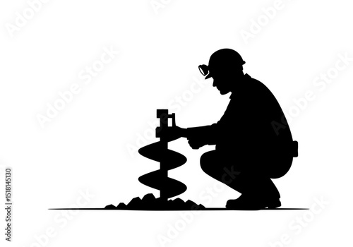 Silhouette of a Miner Operating a Hand Drill in a Mine Shaft