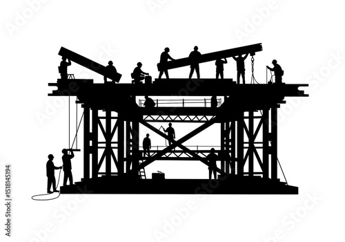 Construction Workers Building a Bridge Black and White Silhouette Illustration