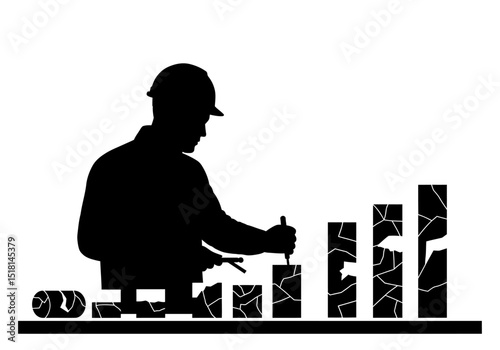 Silhouette of Construction Worker Repairing Cracked Blocks