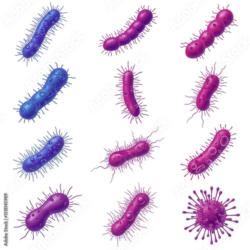 Twelve realistic bacteria illustrations isolated on white background