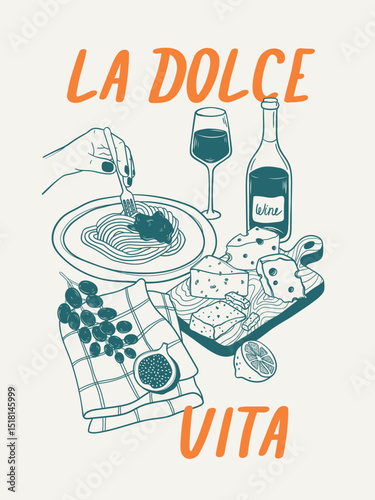 Hand drawn outline poster with Italian dinner composition. Vintage linear illustration in la dolce vita style. Mediterranean traditional cuisine in sketch style. Design for interior, care, invitation
