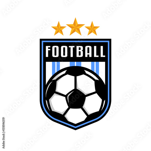 Blue and white stripes football logo badge with a soccer ball illustration. sport team logo vector template.