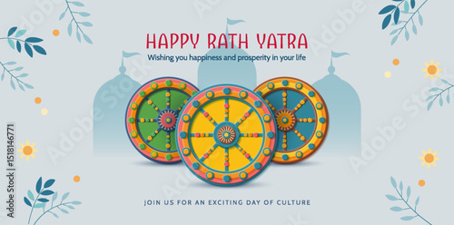 Jagannath Puri Rath Yatra. Festive paper cut style banner with decorative wheels and silhouettes of chariots