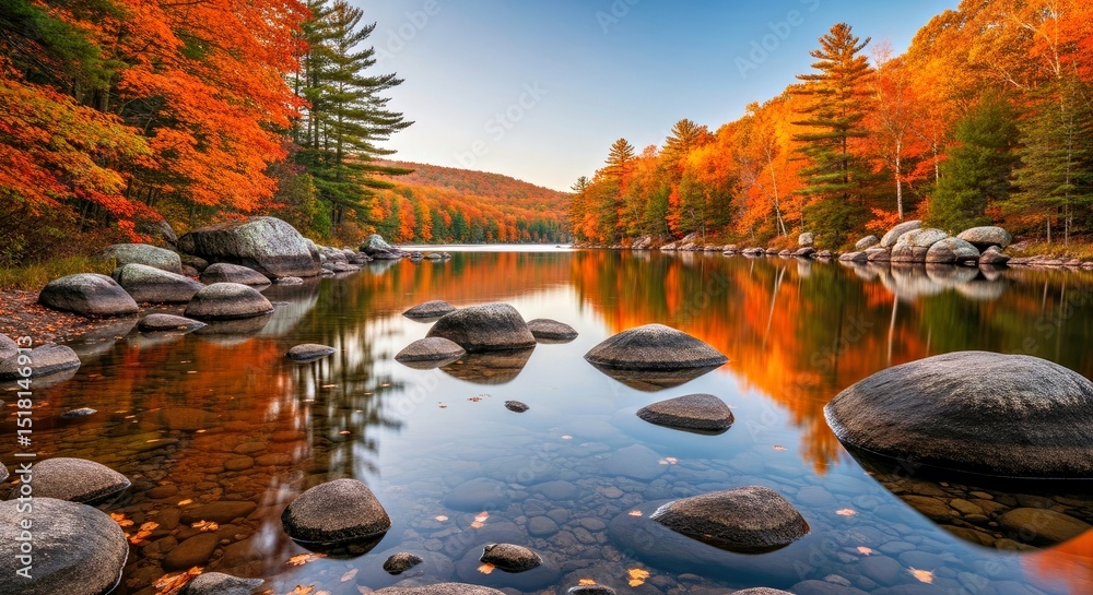 Obraz premium Serene Autumn Lake Landscape Calm Water Rocks Colorful Seasonal Beauty