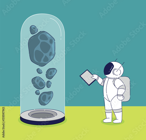 An Astronaut is Currently Observing Floating Meteorites Within a Glass Dome Structure