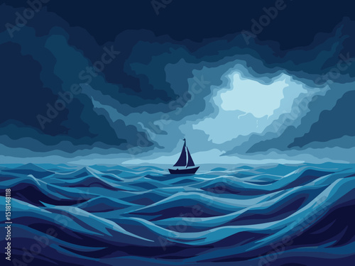 Stormy Night Sailing at Sea