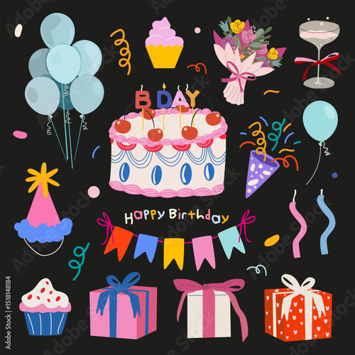 Birthday vector elements in cartoon style. Birthday retro stickers for greeting cards, badges, postcards, poster, print, invitation, event. Cakes, gifts, flowers, candles, confetti, balloons 