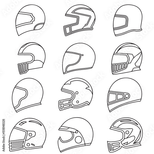 Black Silhouettes of Various Helmets icon, Black and White Knight Helmets, Black Silhouettes of Motorcycle and Viking Helmets