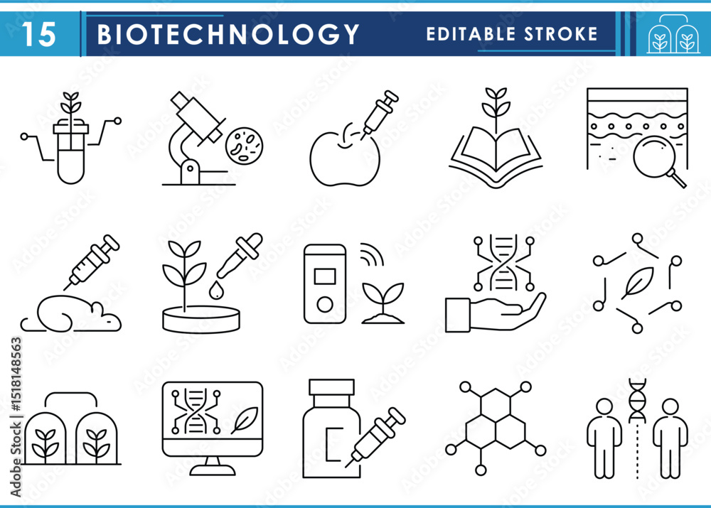 A set of line icons related to Biotechnology. Biotech, biology, microscope, tech, plant, animal, modern, and so on. Vector editable stroke. A set of line icons related to Biotechnology. Biotech, biology, microscope, tech, plant, animal, modern, and so on. Vector editable stroke.