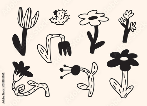 Set of Abstract Flowers and Cactus. Black Botanical Doodle Elements with Stems and Petals. Hand Drawn Childlike Isolated Plant Icons. Minimal Line Crayon Style Vector Illustration.