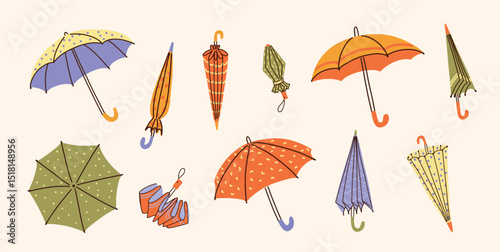 Set of Closed and Opened Umbrellas in Different Colors and Patterns. Flat Hand Drawn Vector Illustration Isolated on Light Background. Collection for Monsoon Season or Weather Design.