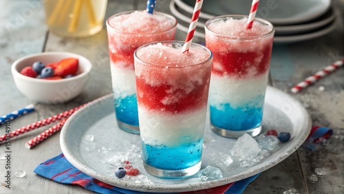 Festive red, white, and blue slushies in glasses with fresh berries and straws, ideal for summer celebrations.