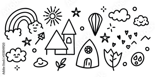 Doodle drawing of rainbow, sun, stars, clouds, houses isolated on white
