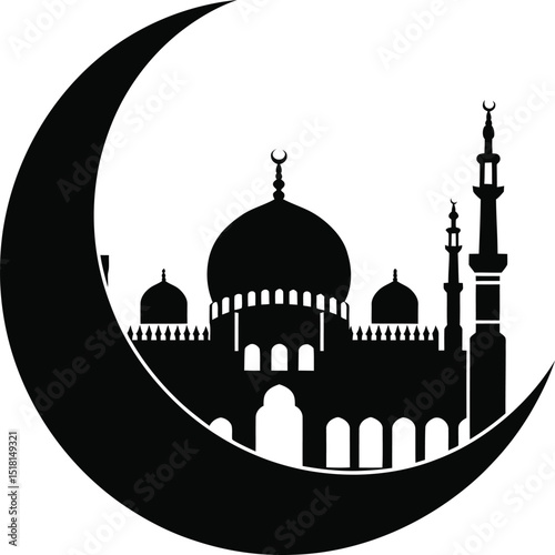 "A striking silhouette design of a mosque framed by a crescent moon. This artwork symbolizes spirituality and cultural heritage, making it ideal for projects related to religion, community events, or 
