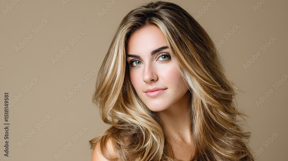 Fototapeta premium A beautiful woman with long, wavy hair that accentuates her natural skin tone, a beige background that complements her skin tone, perfect for beauty or hair care product advertising.