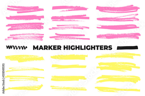 Permanent marker lines for underlining and highlight. Yellow and pink marker stroke collection. Hand drawn rough brush lines 
