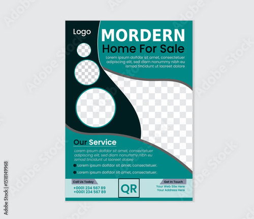 Modern Real Estate Flyer Template — Teal & Black “Home For Sale” Poster Featuring Contemporary Apartment Building, Interior Photo Collage, Service Highlights, and QR Code