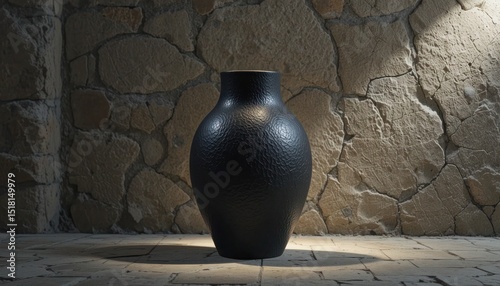 Elegant black textured vase in a room with stone walls and dramatic lighting