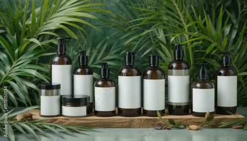 Spa-themed cosmetic product bottles with green leaf background for natural beauty product