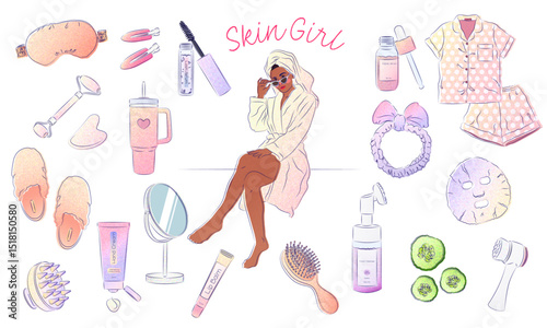 Set skincare accessories, hand cream, table mirror, hairbrush, serum, lip balm, woman in bathrobe. Vector illustration