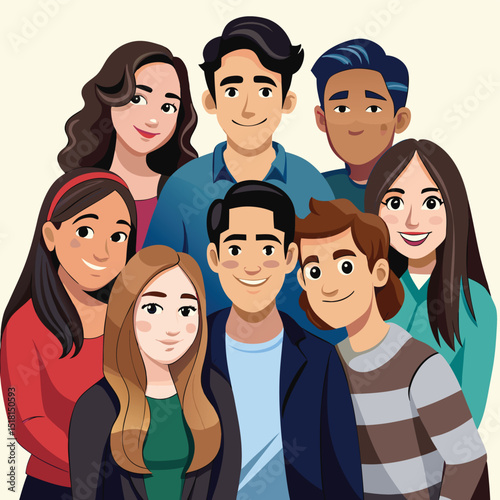 Diverse Group of Young Adults Smiling and Posing Together in a Friendly Manner