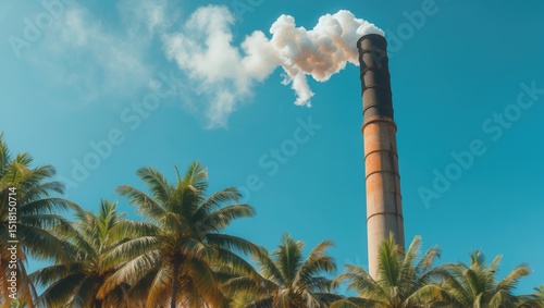 Brick field chimney releasing thick smoke, CO2 emissions harming the ozone layer and ecosystem