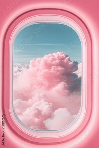 Airplane window view. Sky and large soft pink clouds outside. Travel above the heavens. Light blue above soft formations. Gentle light. Calm skies.