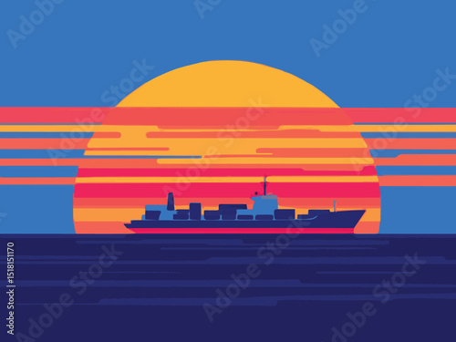 cargo ship at sunset