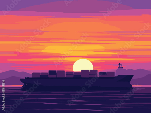 Cargo Ship at Sunset