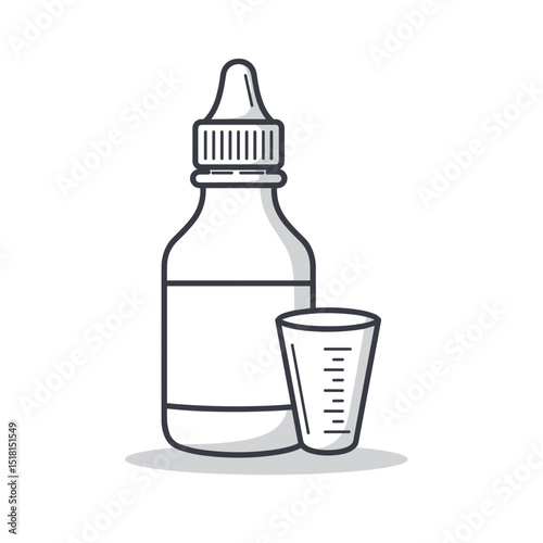 Liquid medicine bottle with measuring cup on white background,Suitable for pharmaceutical companies, medical institutions  