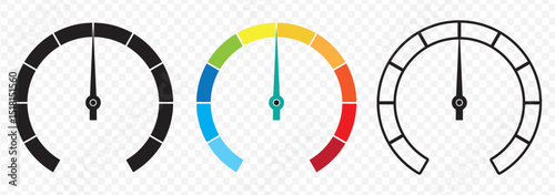 Speedometer, gauge meter icons. Vector scale, level of performance. Speed dial indicator . Green and red, low and high barometers, dashboard with arrows. Infographic of risk, gauge . EPS 10.
