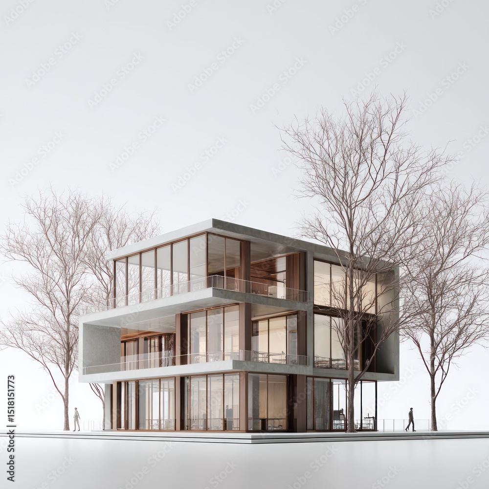 Full-scale modern building mockup, showcasing a balanced design with natural textures and soft shadows Full-scale modern building mockup, showcasing a balanced design with natural textures and soft shadows