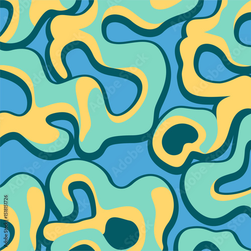 Retro-inspired abstract pattern with fluid, colorful shapes. Perfect for modern designs, packaging, and prints. Playful and trendy for stylish, creative audiences.