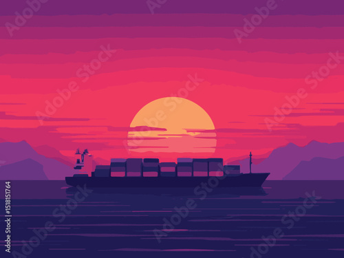 Cargo Ship at Sunset