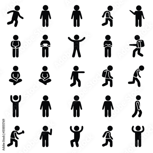 Set of Stick Figure Pictograms Showing Various Actions and Poses in Black