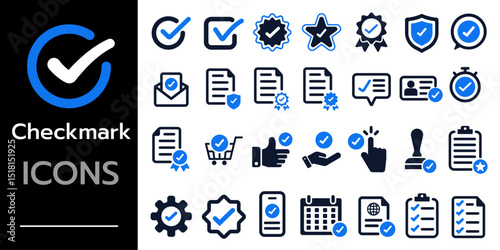 Checkmark icon set. check, checklist, selected, confirm, approve, correct, agree, checkbox mark, accept and verified icons. Solid vector icons collection