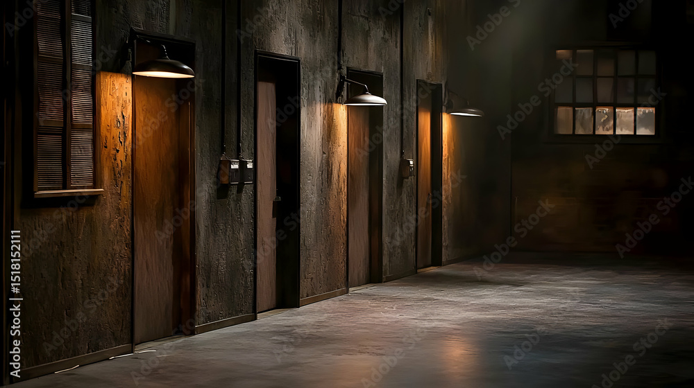 Obraz premium Dark Corridor With Aged Walls And Wooden Doors