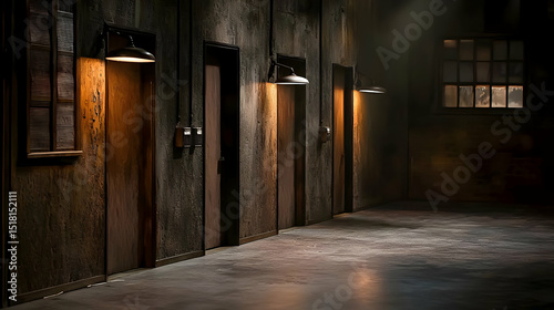 Dark Corridor With Aged Walls And Wooden Doors