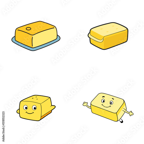 Four illustrations of yellow butter blocks in different styles on a white background design layout